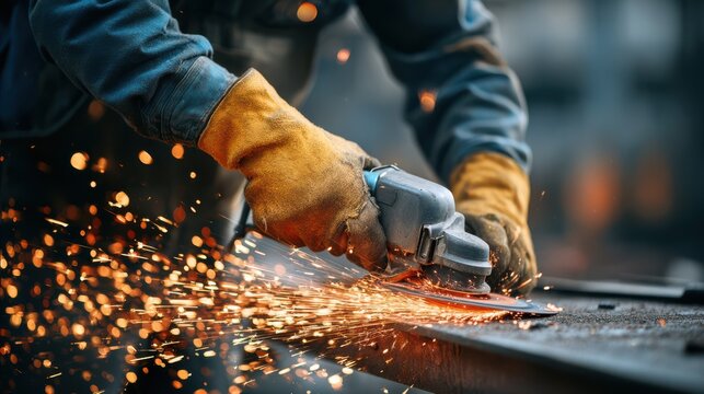 A person wearing protective gloves and a blue jacket operates a handheld grinder on a metal surface