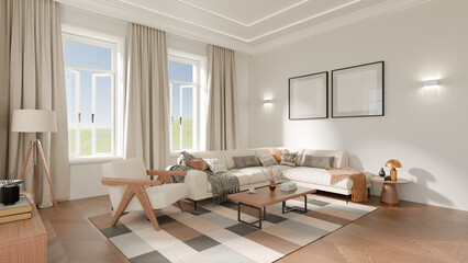A modern living room with a beige sectional sofa, wooden coffee table, geometric rug, and natural light streaming through large windows, creating a warm, minimalist contemporary space