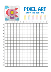 Copy the picture grid drawing worksheet for kids. Pixel art colorful zeppelin © Adpragus