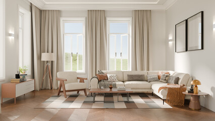 A modern living room with a beige sectional sofa, wooden coffee table, geometric rug, and natural light streaming through large windows, creating a warm, minimalist contemporary space