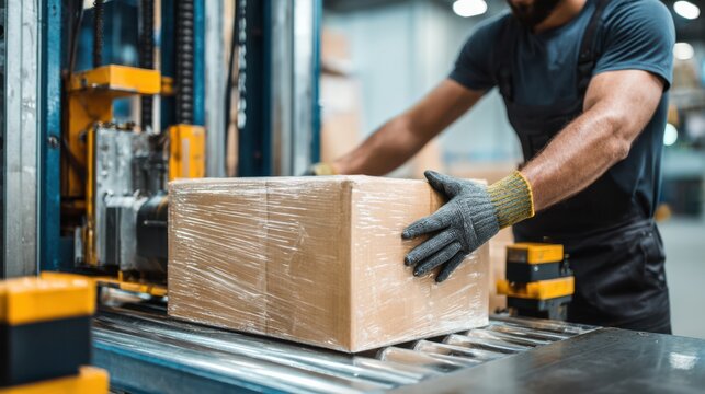 A person wearing gloves is carefully lifting a large wrapped box from a conveyor belt in an industrial warehouse