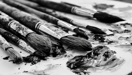 Close-up view of used paintbrushes on a palette.