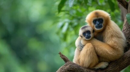 Fototapeta premium Two gibbons display a strong bond, with one holding the other in a warm embrace as they rest peacefully among the lush green foliage during daytime
