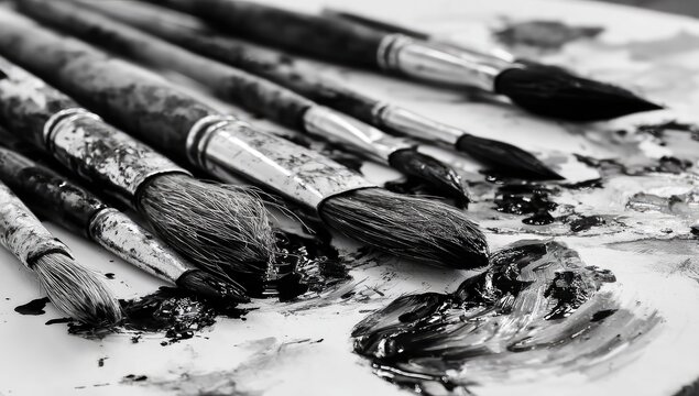 Close-up view of used paintbrushes on a palette.