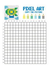 Copy the picture grid drawing worksheet for kids. Pixel art colorful zeppelin © Adpragus
