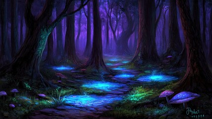 Fototapeta premium Enchanted Forest Pathway with Glowing Mushrooms and Mysterious Purple Atmosphere at Night