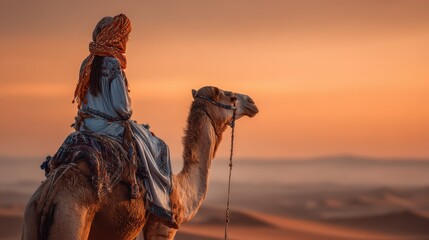 A person dressed in traditional attire rides a camel across the desert as the sun sets, creating a stunning backdrop of warm orange hues and gentle dunes in the distance