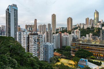 View to the skyscarpers of Hong Kong from Blue Pool Road. Cityscape and an endless array of skyscrapers.