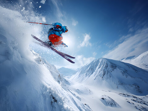 Action-Packed Ski Jump – Skier Soaring Over Snowy Mountain Slope
