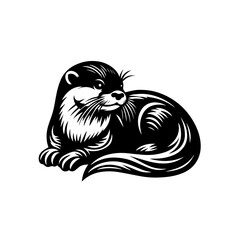 Stylized Black and White Illustration of a Relaxed Otter.