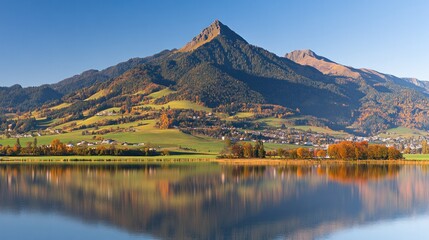 Obraz premium Serene Autumn Landscape with Mountain Reflection in Clear Lake Under Bright Blue Sky at Sunrise