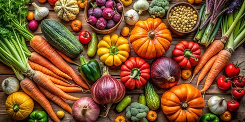 A colorful assortment of fresh vegetables including pumpkins, carrots, and onions are displayed on a wooden table