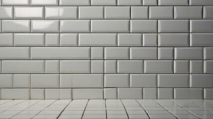 Fototapeta premium A close up shot of a wall and floor covered in white subway tiles with dark grout lines in a studio