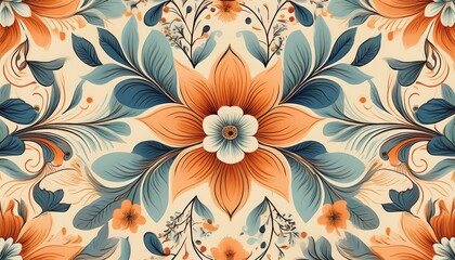 a symmetrical floral pattern with orange and blue flowers and leaves on a light beige background