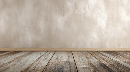 Interior features a textured light taupe wall above a rustic wooden floor with pronounced grain, conveying a sense of aged