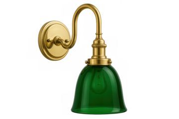 Golden wall lamp with verdant glass shade, highlighting contemporary lighting design against transparent backdrop