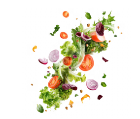 Fresh salad ingredients suspended in air on a transparent background healthy food concept