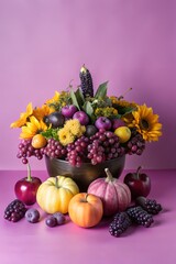 A bountiful autumn harvest arrangement featuring pumpkins, grapes, sunflowers, and corn on a table