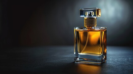 Amber perfume bottle on dark surface