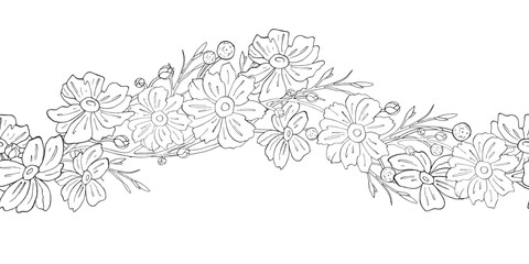 Flowers seamless border of Japanese Anemone with twigs in graphic style. Frame in hand drawn ink vector illustration, line art with white background for wedding invitation, textile design, crockery