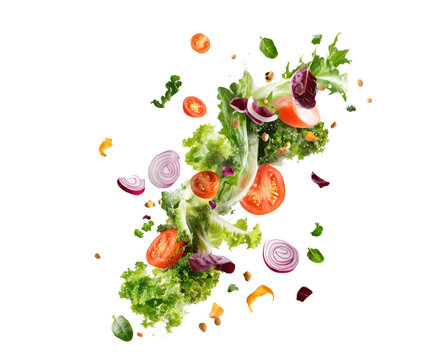 Fresh salad ingredients suspended in air on a transparent background healthy food concept