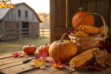 A rustic autumn display featuring pumpkins and corn in a basket on a wooden table with a barn backdrop