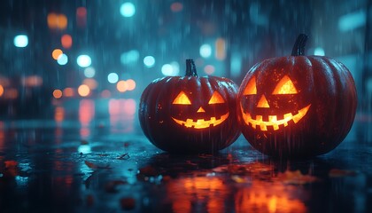 Two carved glowing jack o lanterns on wet ground with bokeh lights halloween pumpkin