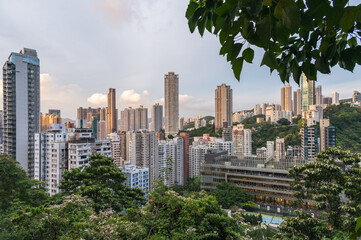 View to the skyscarpers of Hong Kong from Blue Pool Road. Cityscape and an endless array of skyscrapers.