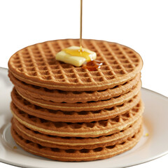 Isolated Photo of Stacked Waffles with Syrup and Butter on Transparent Background
