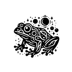 Stylized Black Frog with Celestial Elements and Intricate Patterns.