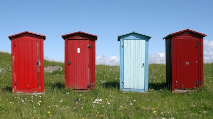 Colorful beach huts in vibrant red and blue against clear blue sky and lush green grass landscape