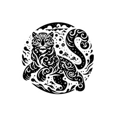 Stylized Black Leopard with Intricate Swirling Patterns and Dots.