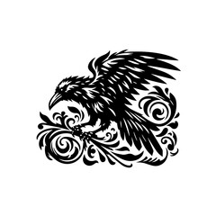 Stylized Black Raven Perched Amidst Ornate Swirling Flourishes.