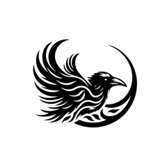 Stylized Black Raven with Tribal Feather Design in Crescent Moon.