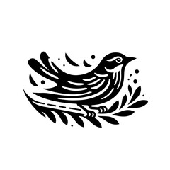 Stylized Black Silhouette of a Bird Perched on a Branch with Leaves.