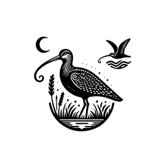 Stylized Black Silhouette of a Curlew Bird with a Long Curved Beak.