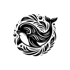 Stylized Black Silhouette of a Dolphin with Flowing Mane and Bubbles.