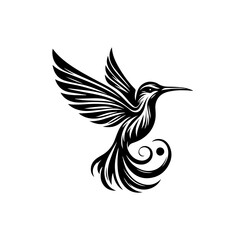 Stylized Black Silhouette of a Hummingbird in Flight with Ornate Tail.