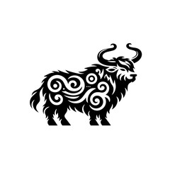 Stylized Black Silhouette of a Majestic Bull with Intricate Swirl Patterns.