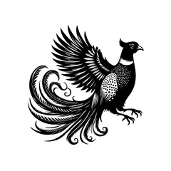 Stylized Black Silhouette of a Majestic Pheasant with Elaborate Tail Feathers.