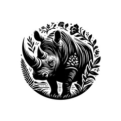Stylized Black Silhouette of a Rhinoceros Amidst Floral Elements.