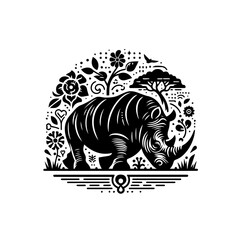 Stylized Black Silhouette of a Rhinoceros Grazing Amidst Floral and Natural Elements.