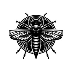Stylized Black Silhouette of a Robber Fly with Intricate Wing Patterns.