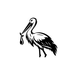 Stylized Black Silhouette of a Stork Carrying a Bundle.