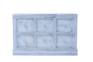 a blue chest of drawers with six drawers