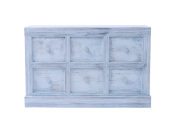 a blue chest of drawers with six drawers