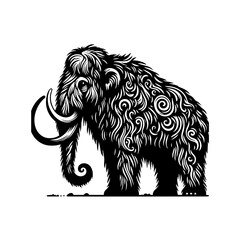 Stylized Black Silhouette of a Woolly Mammoth with Intricate Swirling Fur Patterns.