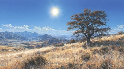 Sunny, dry landscape with lone tree. Vast valley and mountains