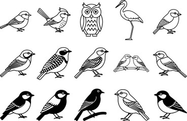 Naklejka premium Collection of hand drawn bird illustrations in black and white outline