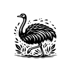Stylized Black Silhouette of an Ostrich Walking Amidst Foliage.